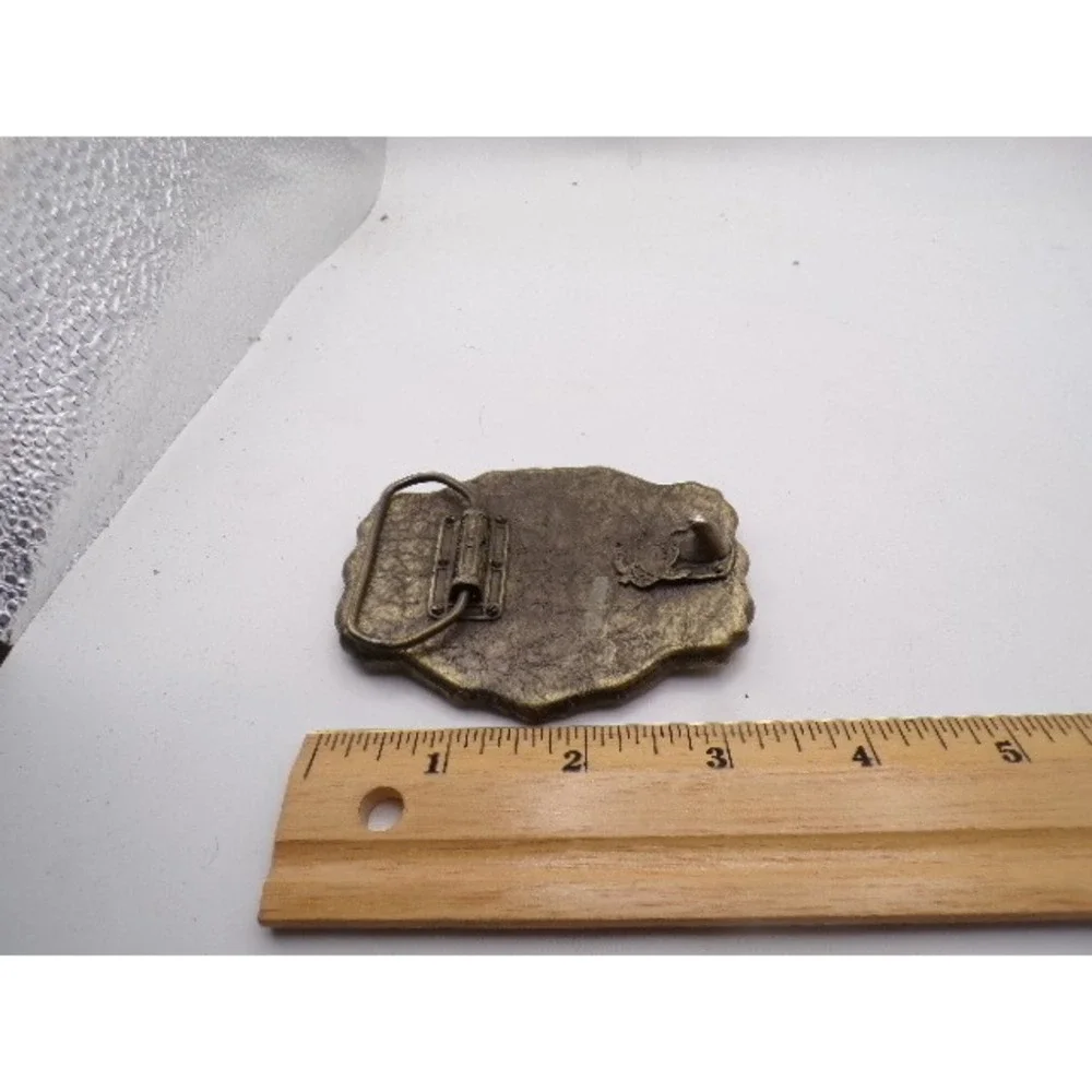 Vintage Metullus Fina Brass Tone Scalloped Metal Belt Buckle Industrial Logo